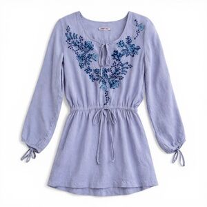 Johnny Was Biya Placement Embroidered Cupra Tunic Baby Blue Cinch Tie Waist XS